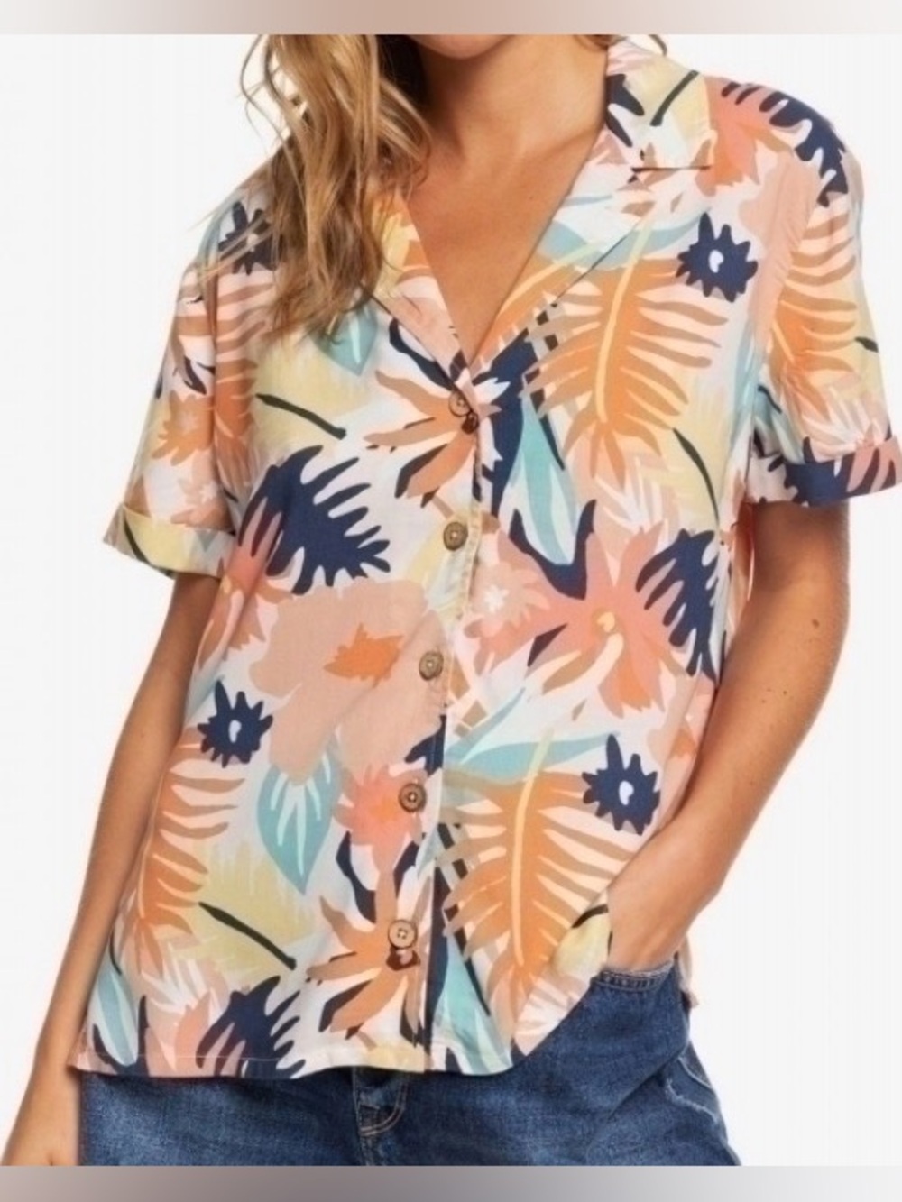 Roxy Peach Multi Floral Short Sleeve Button-Down Shirt